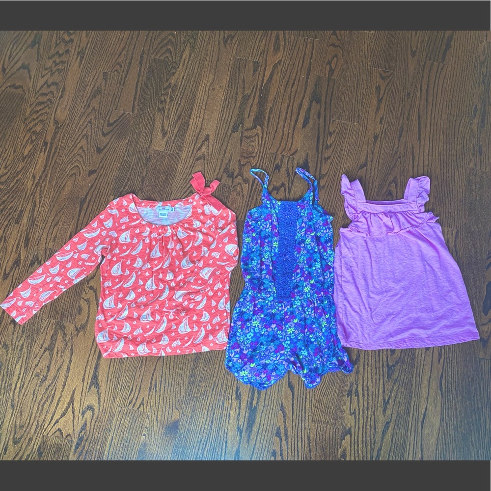 Vineyard Vines top, xs 5-6; Cat & Jack top, s, 6-6x; Cat & Jack romper, m 7/8.
